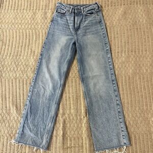 & Denim Women 2 Wide Leg High Waist Undone Hem Jeans Medium/Light‎ Wash Boho 70s
